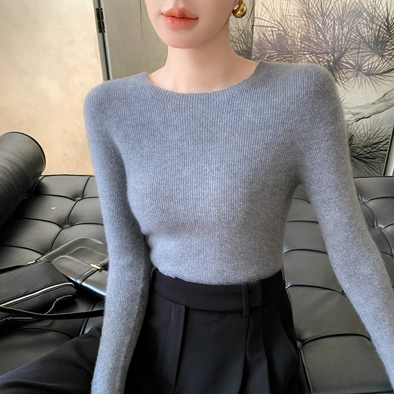 Suéter de malha com nervuras de manga comprida feminina, gola redonda, pulôver fino, tops de luxo, roupa coreana, moda