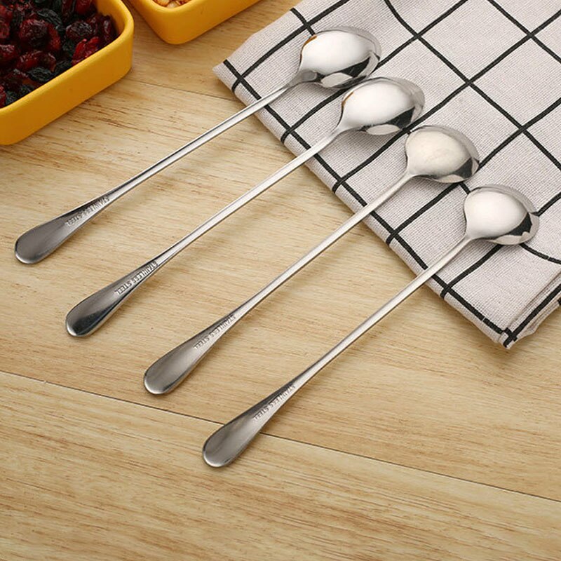 Utensilios de cocina ovalados/redondos, 19CM, cuchara de café plateada, mango largo de acero inoxidable 410, multiusos, 1 Uds.