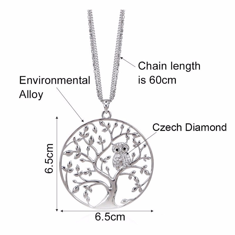 Gold Tree of life Owl Necklace Big Round Pendant Long Chains Sweater Necklace For Women Statement Jewelry Classic Collier