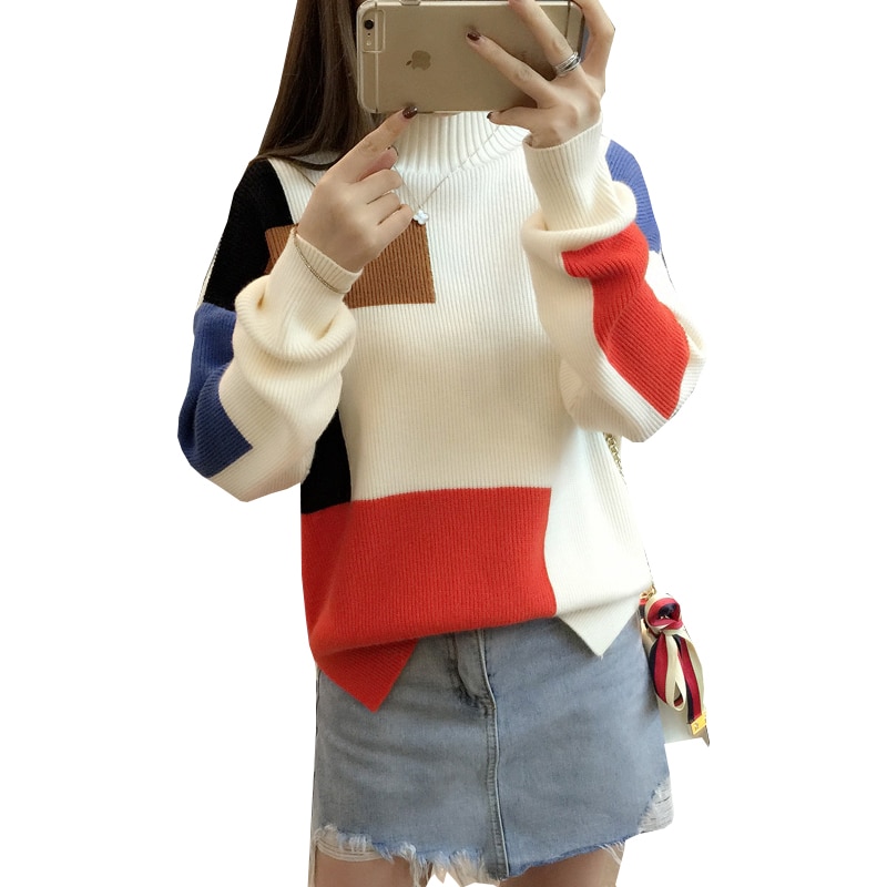 Sweater Women Autumn And Winter Knit Patchwork Short semi-high Collar Loose women's Sweaters And Pullovers Vestidos LXJ448