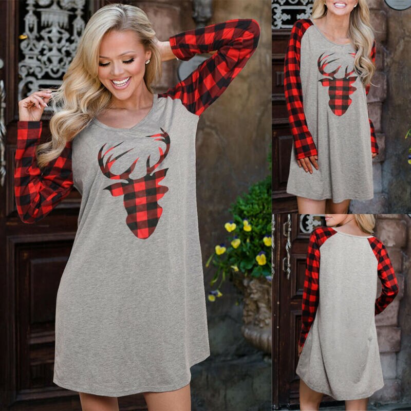 Kerst dames casual raglanmouwen geruite paneel t-shirt nachthemd rok elanden print kerst nachthemd (s/m/l/xl)