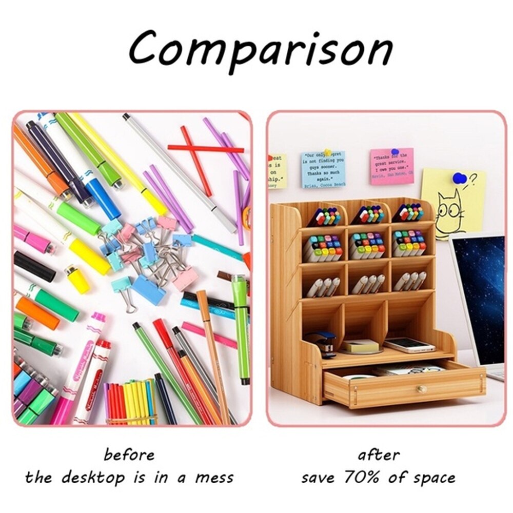 Multi-Functional DIY Wooden Desk Organizer Office School Pen Pencil Holder Container Stationary Desktop Storage Box with Drawer