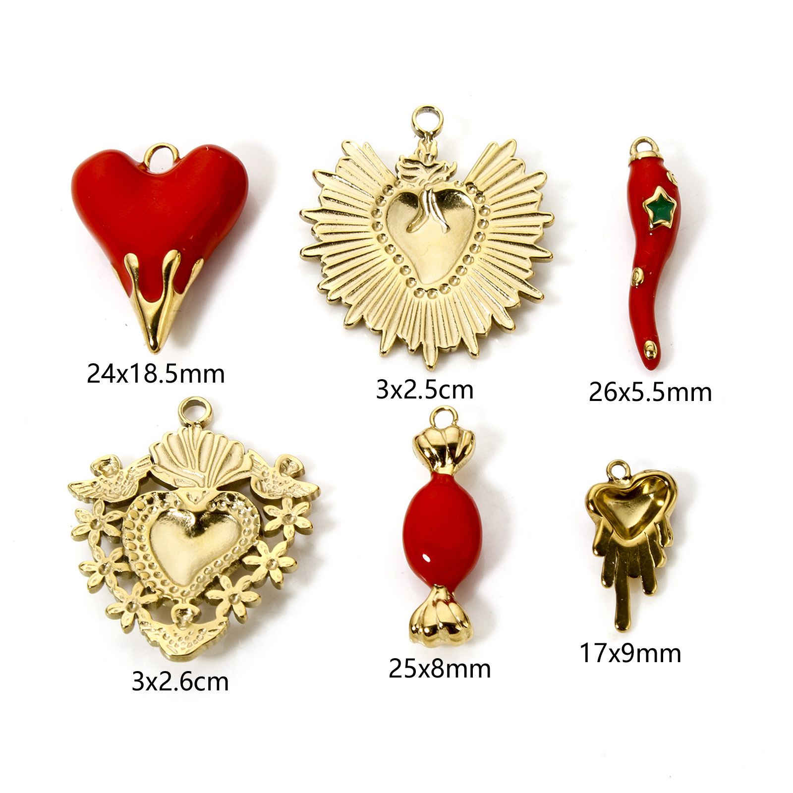1 pieza de dijes de acero inoxidable 304, colgantes de corazón rojo chapados en oro de 14 quilates, colgantes de corazón Ex Voto para hacer joyería DIY, accesorios para collares
