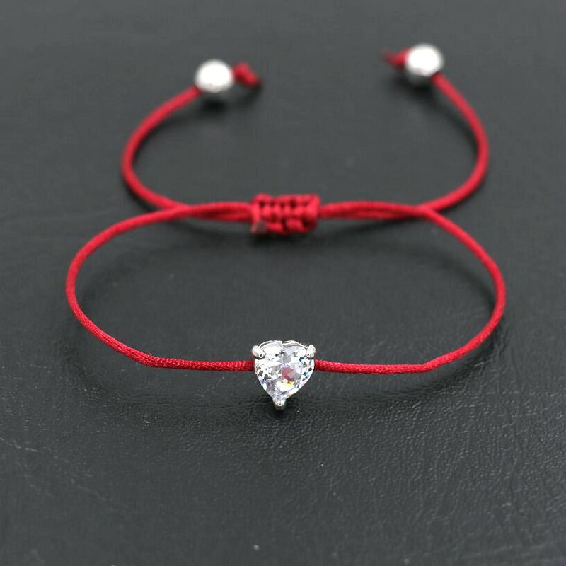 Bppccr Zilver Kleur Shiny Crystal Zircon Aaa Liefde Hart Armband Rood Touw Draad Wish Lucky Armbanden Voor Vrouwen Koppels Liefhebbers