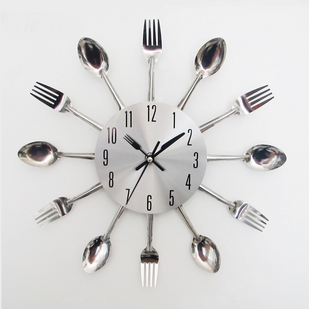 2020New Clock Watch Wall Clocks Cutlery Metal Kitchen Wall Clock Spoon Fork 3D Removable Quartz Wall Mounted Clocks: Silver
