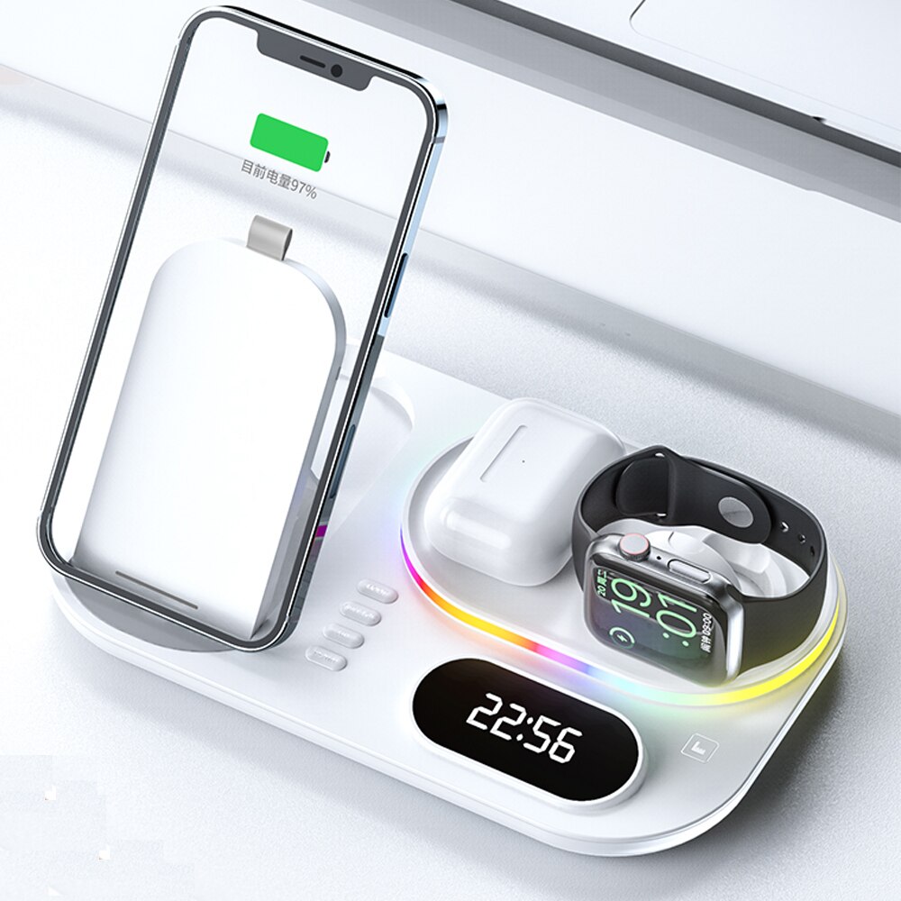 Qi 3 in 1 schnellladestation für iphone 13, 12 11 pro max/apple watch 7, 6 se/ airpods pro, kabelloses ladegerät mit uhrfunktion