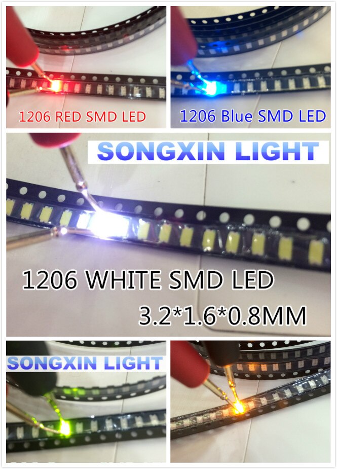 (3000 pieces/lot) 1206 SMD White Red Blue Green Yellow 600pcs each Super Bright 1206 SMD LED Diodes Package Kit