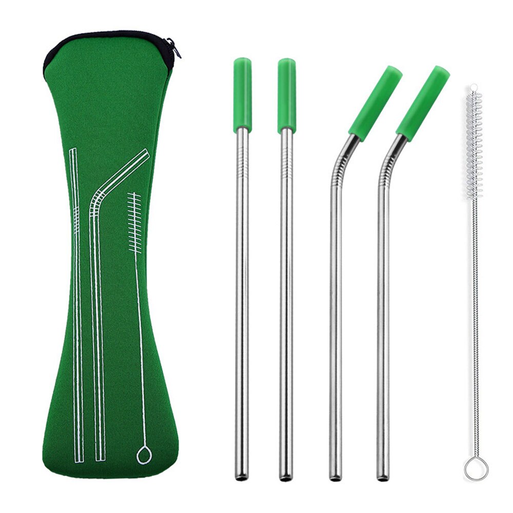 6 stks/set Herbruikbare Rvs Rietjes Rechte Gebogen Rietjes met Siliconen Tips voor Koude Drank Bar Gereedschap: Green