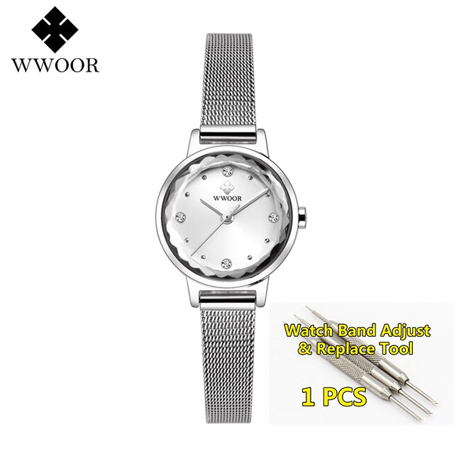 Armbinde Uhren Frauen Luxus WWOOR oben Wasserdichte Stahl Gurt Kristall Damen Handgelenk Uhren Relogio Feminino: voll Silber-