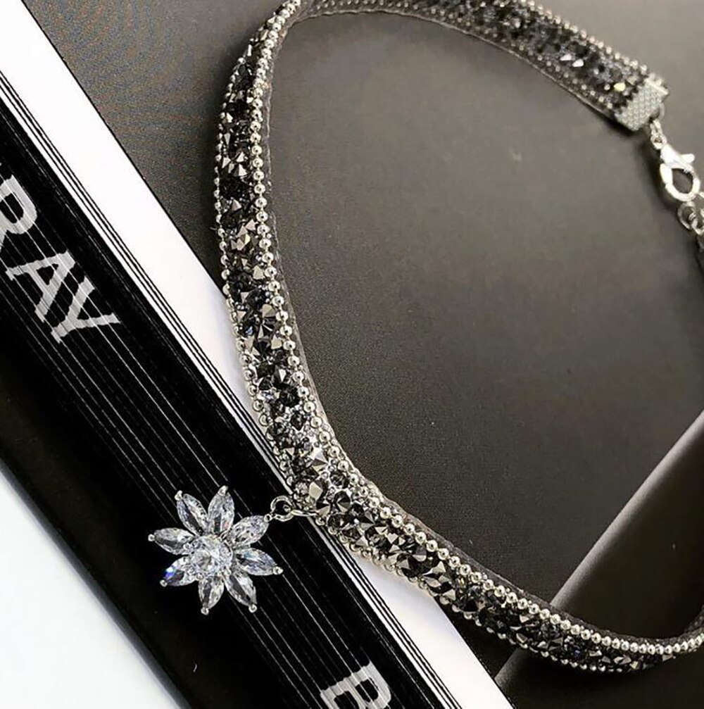 Moda cristal gelo flor pingente colar ajustável chique punk glitter gargantilha metal corrente para jóias femininas