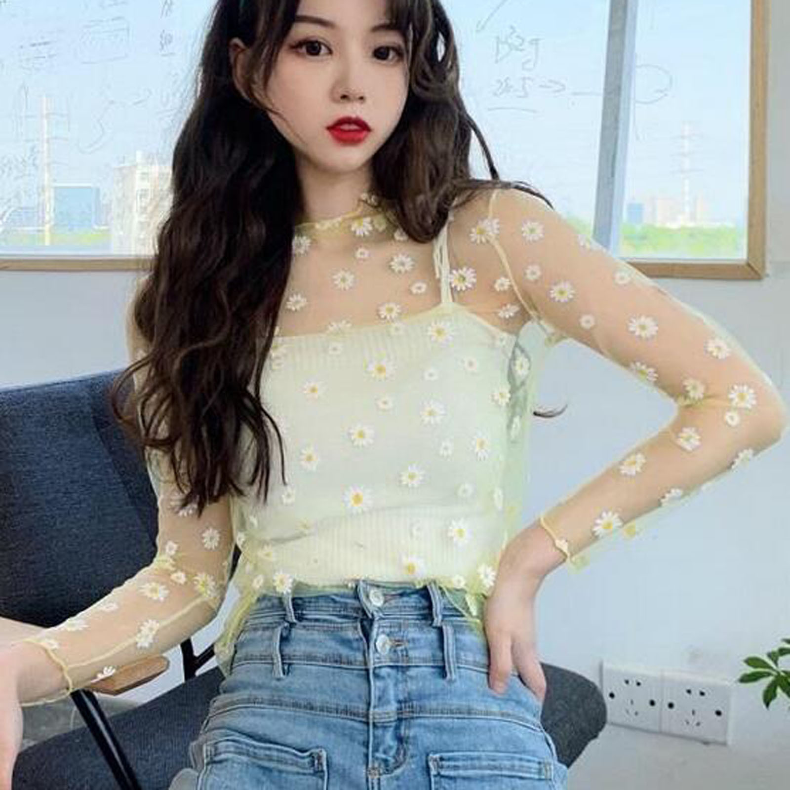 Tops transparentes de encaje con estampado de Margarita para mujer, camisetas sexis de manga larga, camisas de malla fina, Top de para mujer, blusa con protección solar de verano 2023
