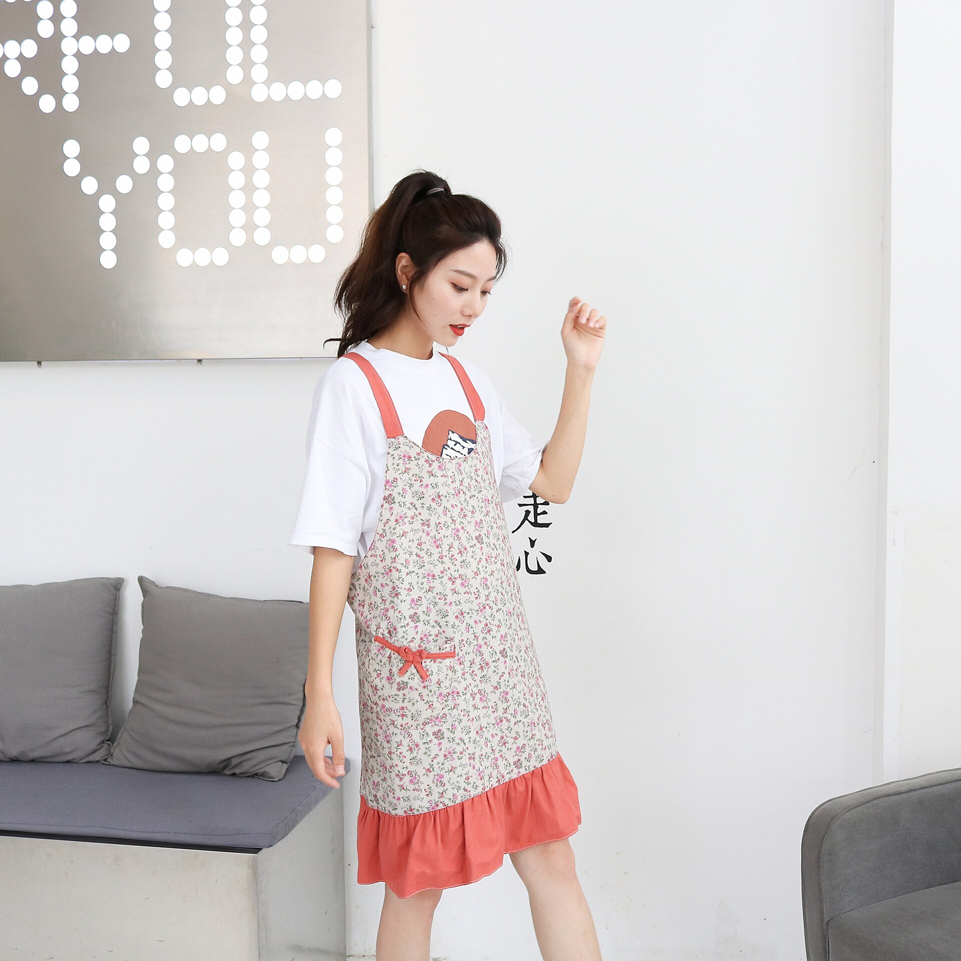 Delantal de algodón cocina hogar impermeable y a prueba de aceite bonita con flores delantal vestido estilo uniforme flor café uniforme: B