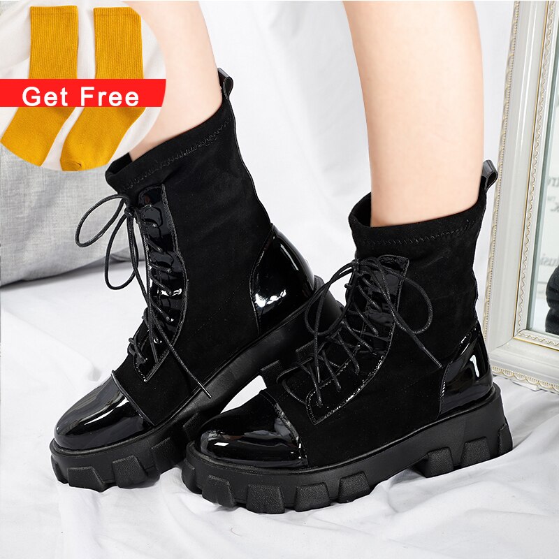 Vrouwen Sok Laarzen Pu Lederen Dames Platform Enkellaars Vrouwelijke Slip Op Flock Ronde Neus Schoenen Kantoor Voor Vrouw Botas mujer Mode: black1 / 6