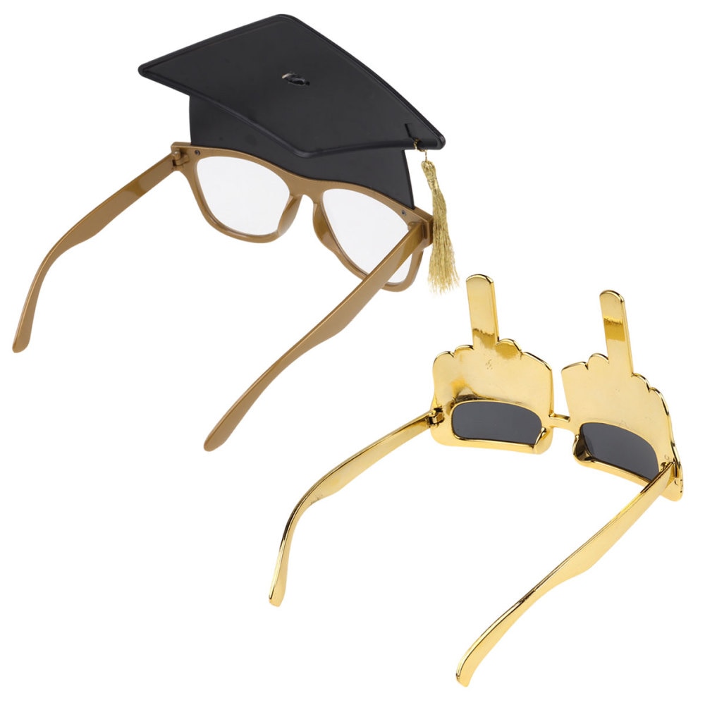 2 stuks nep-afstudeerbrillen en middelvingerbrillen voor rockfeestjes, afstudeeraccessoires (goudkleurig zwart)