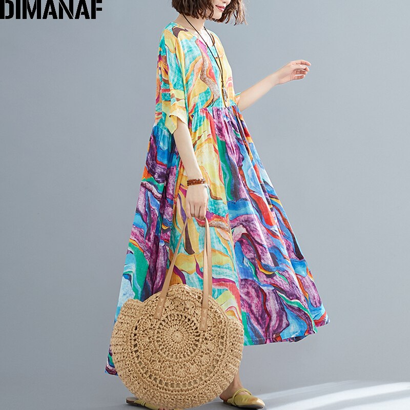 DIMANAF Plus Size Women Dress Summer Sundress Beach Style Cotton Lady Print Dress Female Vestidos Loose Pleated Casual Clothing
