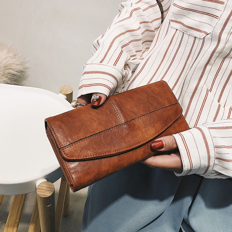 Cartera Vintage Trifold para mujer, billetera larga de piel sintética, cartera de mano para mujer, bolso para teléfono con broche para mujer, bolsas para tarjetas para chica, de gran para mujer