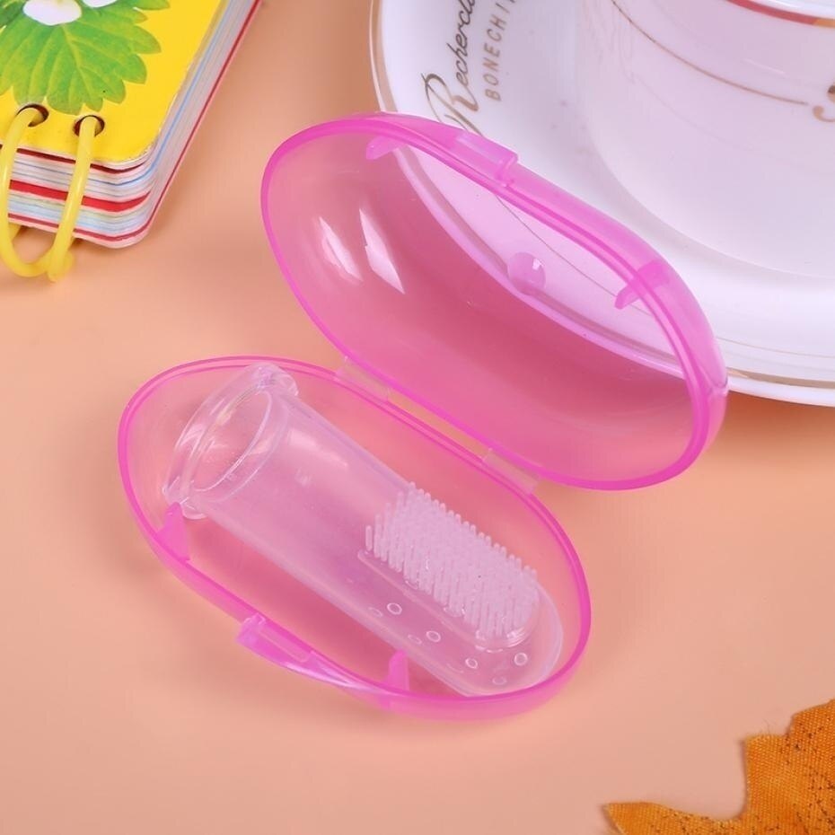 Dedo do bebê escova de dentes crianças limpar ferramenta de cuidados silicone macio infantil escova de dentes de limpeza de borracha do bebê escova + caixa: Pink