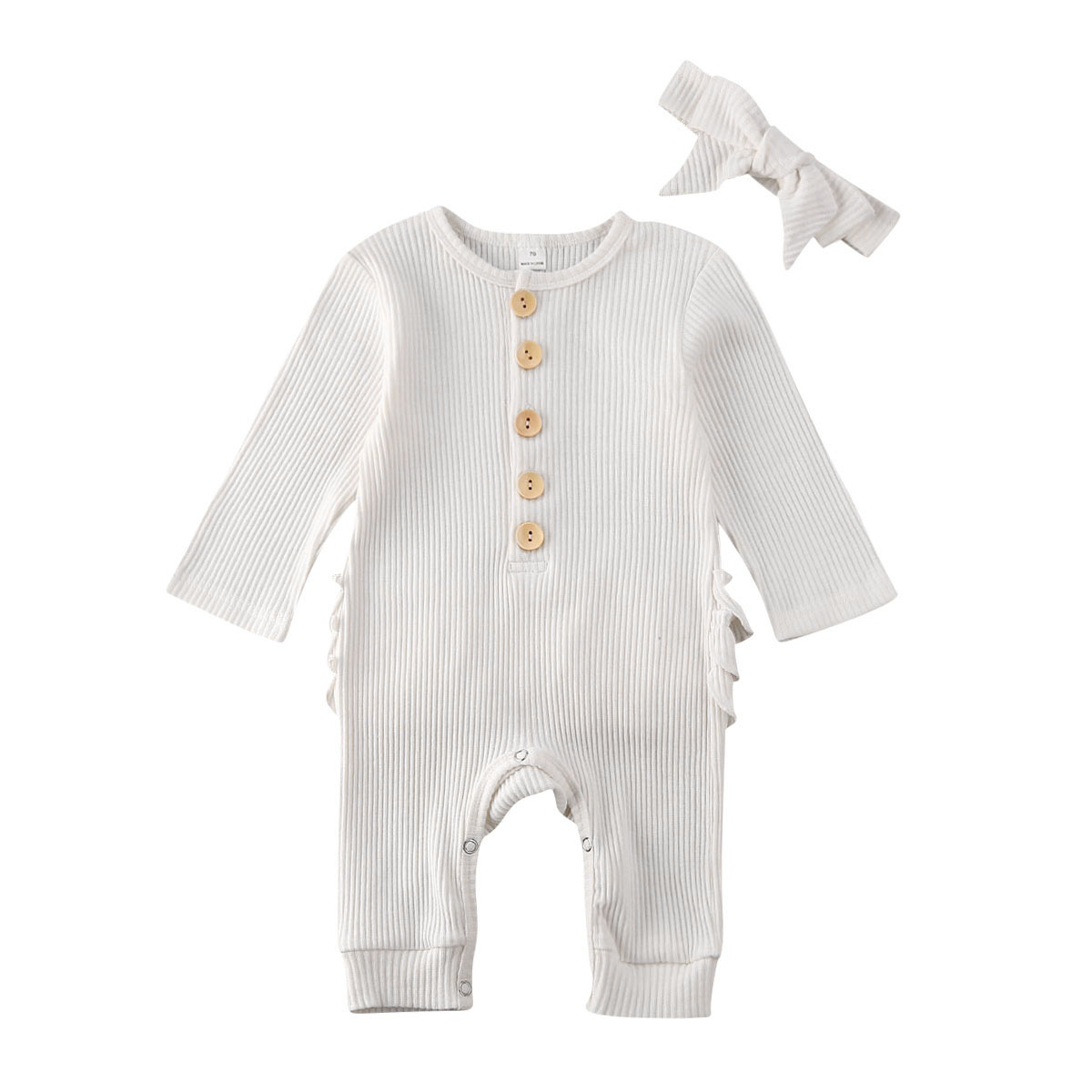 Newborn Baby Boy Girl Rompers Headband 2pcs Outfit Knitted Solid Kong Sleeve Ruffle Romper Jumpsuit Clothes: White / 12M