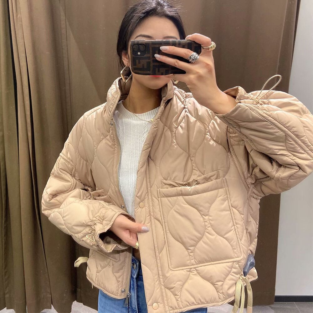 DiYiG-Chaqueta corta acolchada de algodón para mujer, chaqueta con cordón de , con cuello levantado, ligera, acolchada