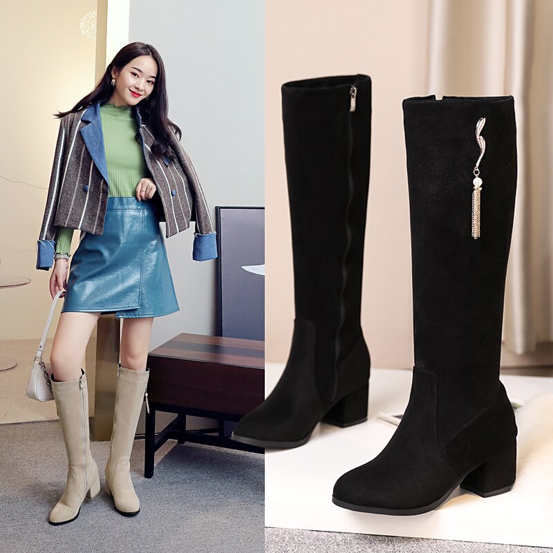 Warme winterschoenen zwarte kniehoge laarzen voor dames brede kuit comfort vierkante rits ronde neus metalen ridderlaarzen maat 43