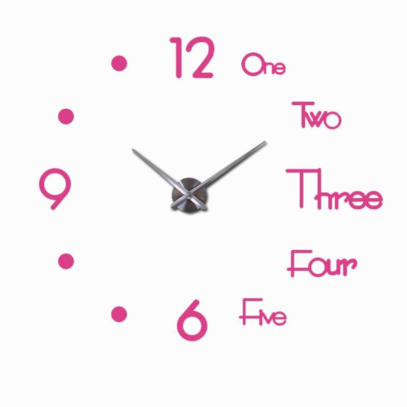 3D DIY Large Wall Clock Modern Silent Wall Sticker Clock Acrylic Mirror Self adhesive Wall Clocks Living Room Home Decor: Pink