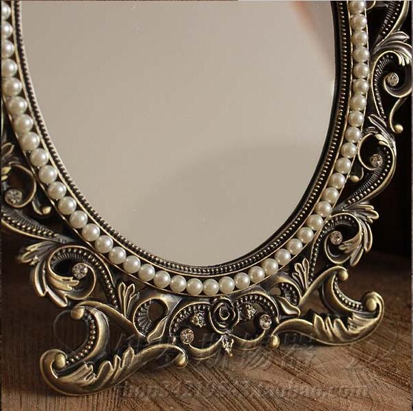 Espejo cosmético de escritorio retro para maquillaje, marco de metal con perlas en relieve floral, Decoración de mesa, bronce plateado, 337A