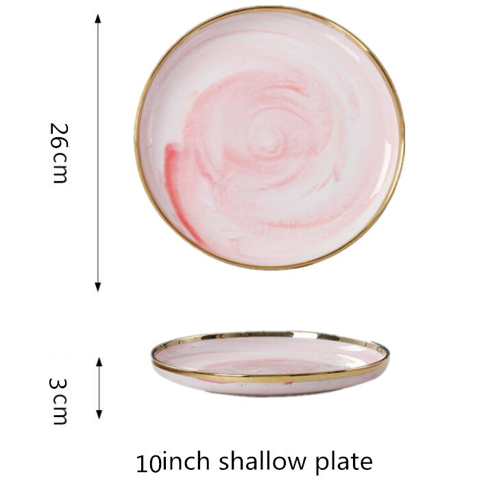 Double-sided Gilt Rim Pink Marble Pattern Porcelain Dinner Plate Salad Noodles Bowl Spoon Ceramic Kitchen Tableware 1Pcs: 10inch shallow plate