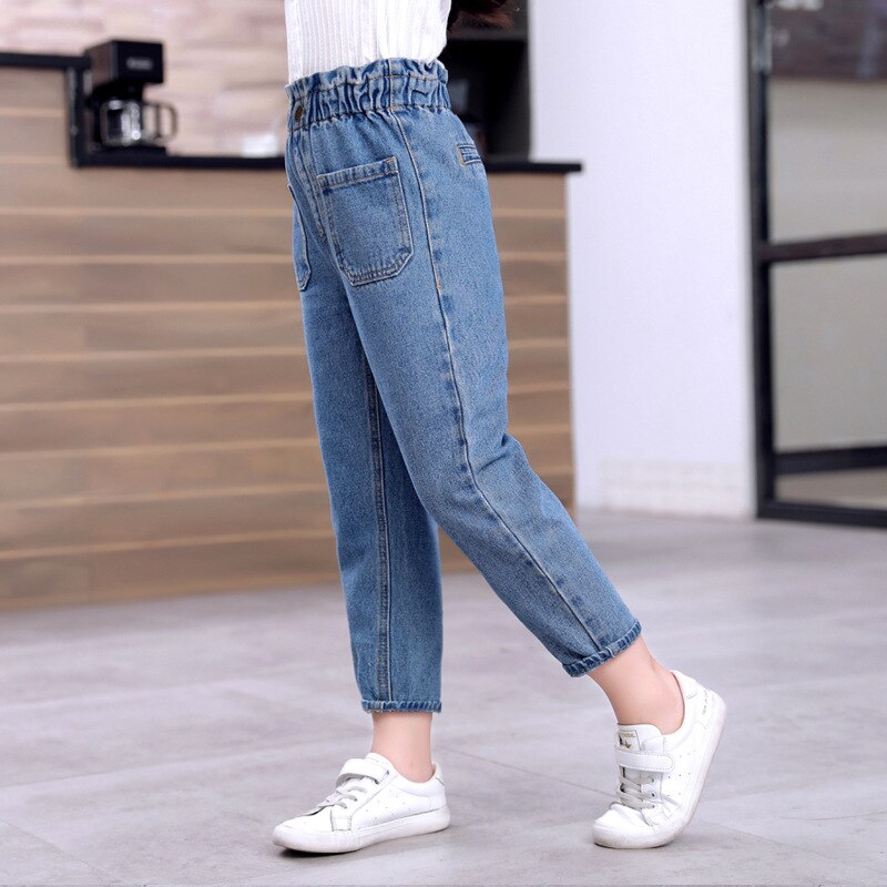 Vår og høst barn klær jenter høy midje jeans bukser blå slim fit denim materiale for jenter bukser bukser klær
