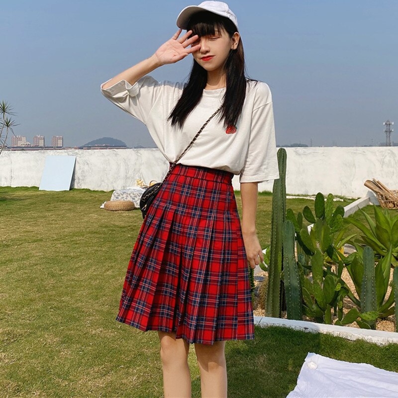 Qiukichon – jupe plissée rouge à carreaux pour femmes, style anglais Preppy, taille haute, élastique, grande taille, printemps été