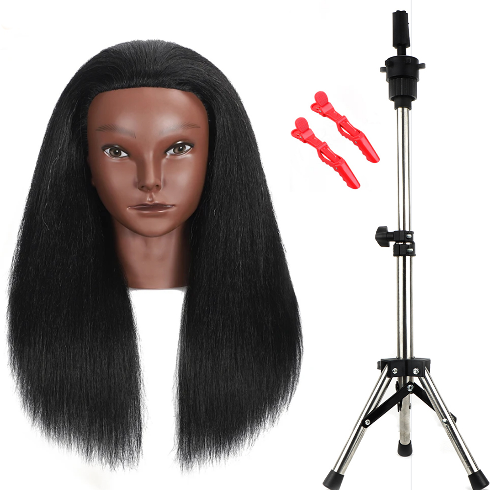 African Mannequin Head Real Hair Hairdresser Training Head With Tripod Manikin Cosmetology Doll Head For Braiding Styling: Blue-black