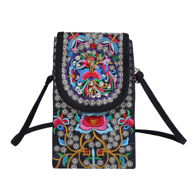 Damen-handytasche, umhängetasche, schultertasche, geldbörse, handtasche, beutel, ethno-stil, bestickte tasche, klapptasche aus Segeltuch, retro-stil