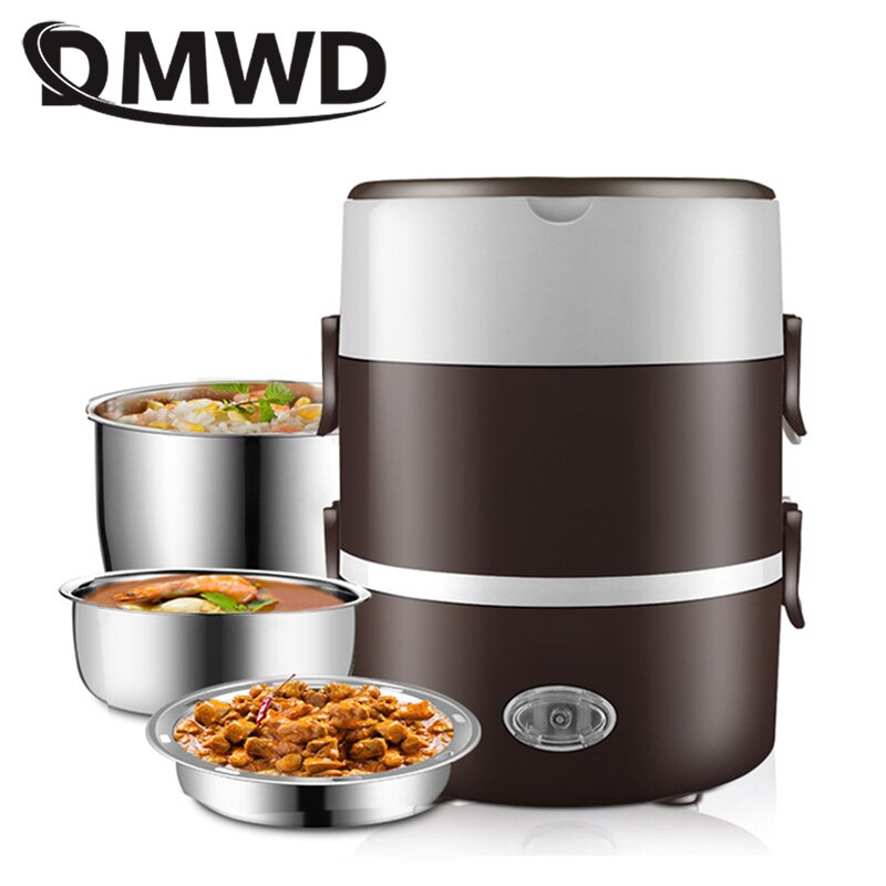 DMWD Mini Electric Rice Cooker Stainless Steel 2/3 Layers Steamer Portable Meal Thermal Heating Lunch Box Food Container Warmer: Brown three layers