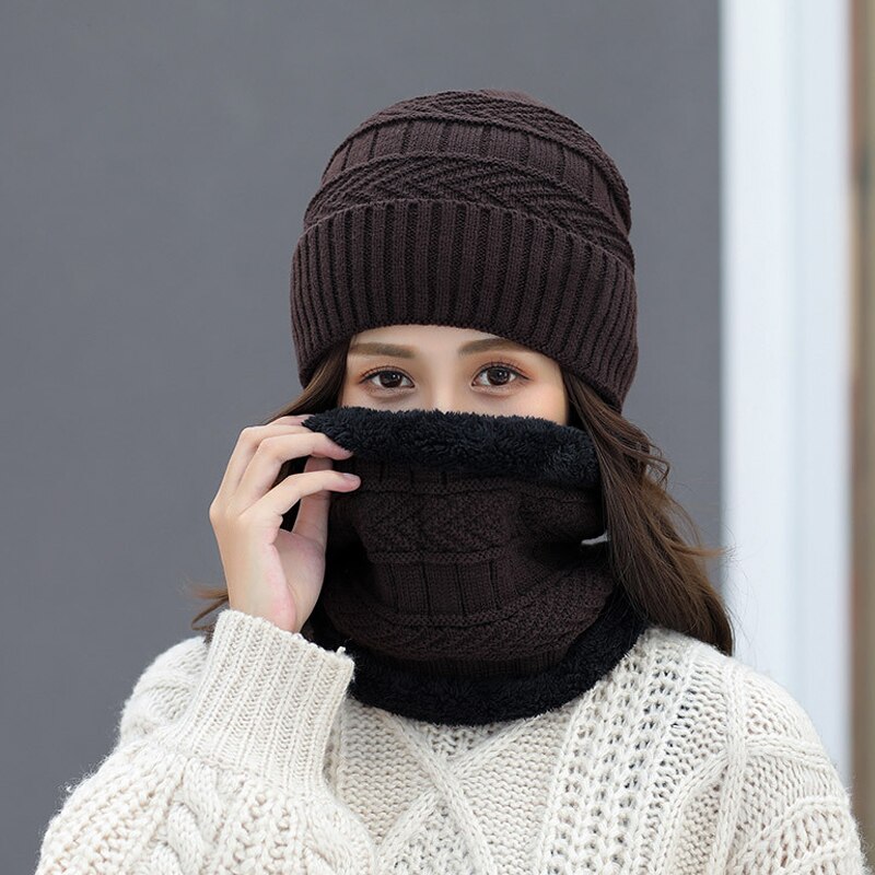 Gorro de invierno tejido, conjunto de bufanda, gorros gruesos de algodón para mujer, cuello, suave gorro de felpa que mantiene el calor para mujer