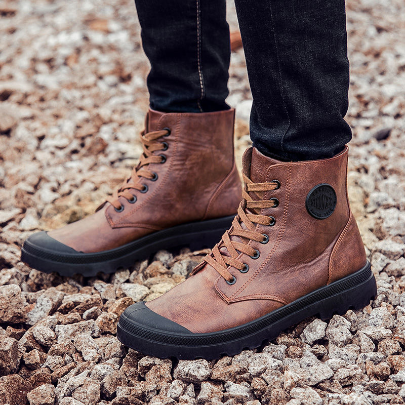 Waterdichte heren leren laarzen warme casual heren tooling laarzen katoenen hoge leren heren platte martin laarzen