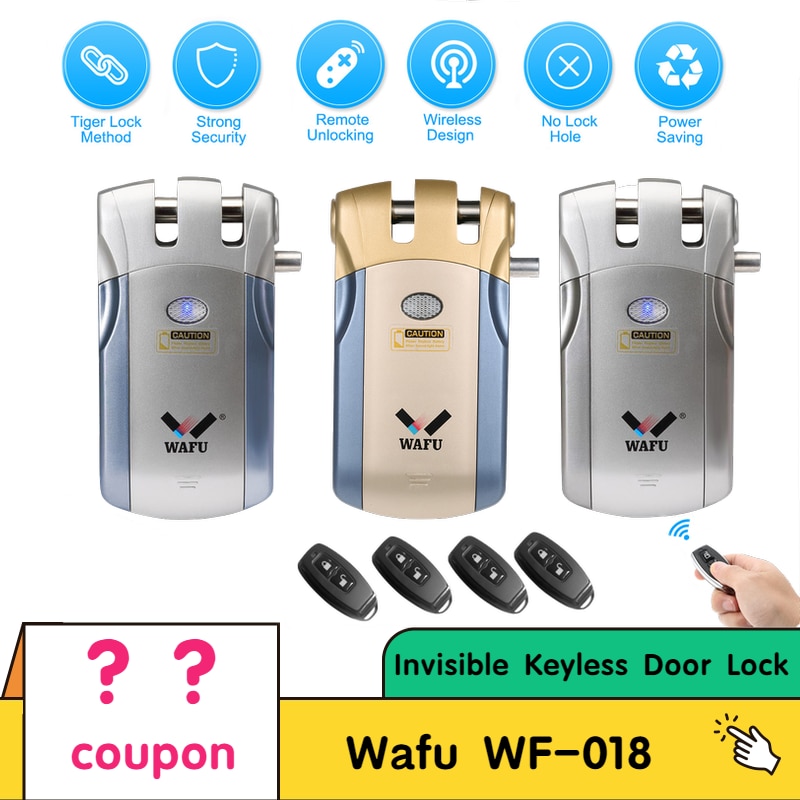 Wafu-cerradura inteligente de WF-018, cerrojo de Control remoto inalámbrico de seguridad, Invisible, sin llave, para puerta, aleación de Zinc, Metal, con 4 llaves remotas