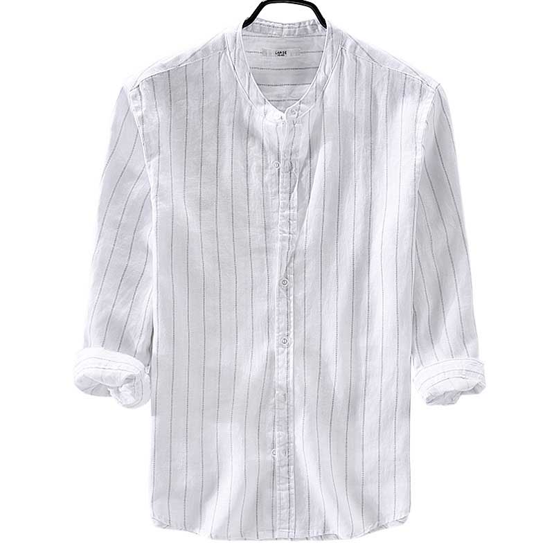 Camisa de lino Casual de manga 3/4 de rayas clásicas Retro para hombre, camisa de adelgazamiento, blusas de cuello mandarín, ropa masculina de estilo coreano