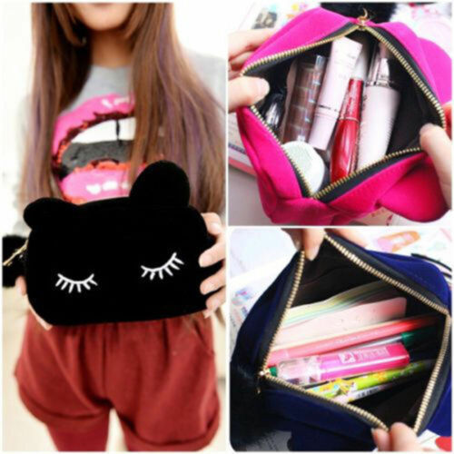 Portable Cartoon Cat Beauty Cosmetic Makeup Bag Organizer Zipper Handbag Travel Toiletry Case Pouch Blue Black Rose Red