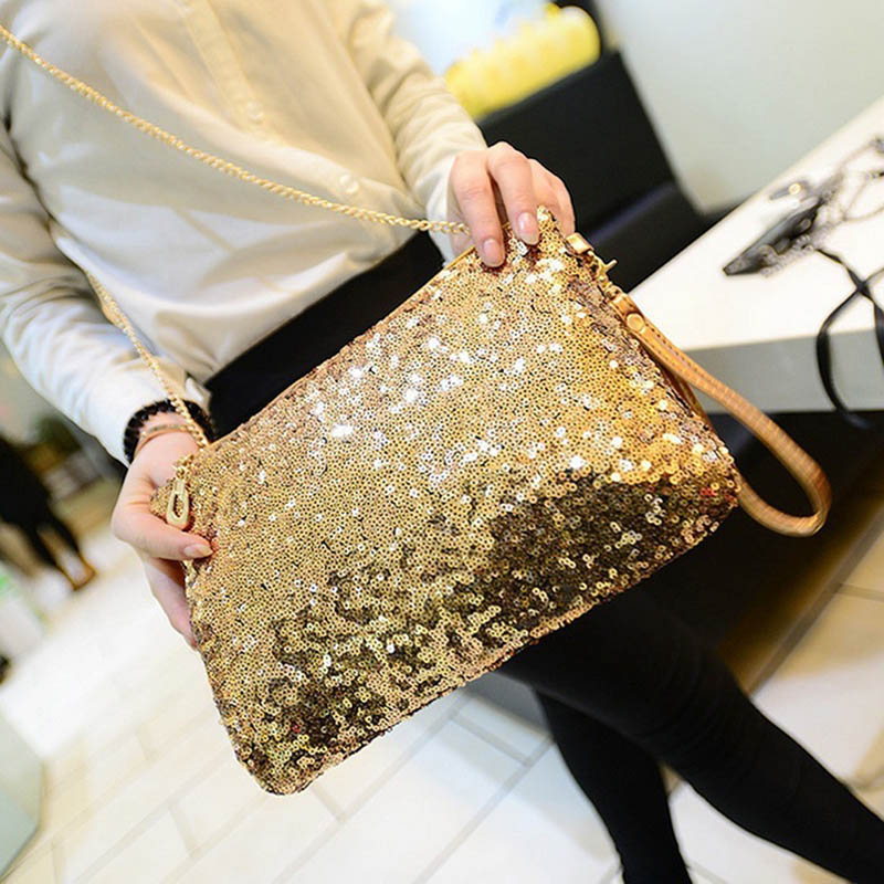 Women Ladies Glitter Sequins Handbag Sparkling Party Evening Envelope Clutch Bag Wallet Tote Purse Black Gold Silver