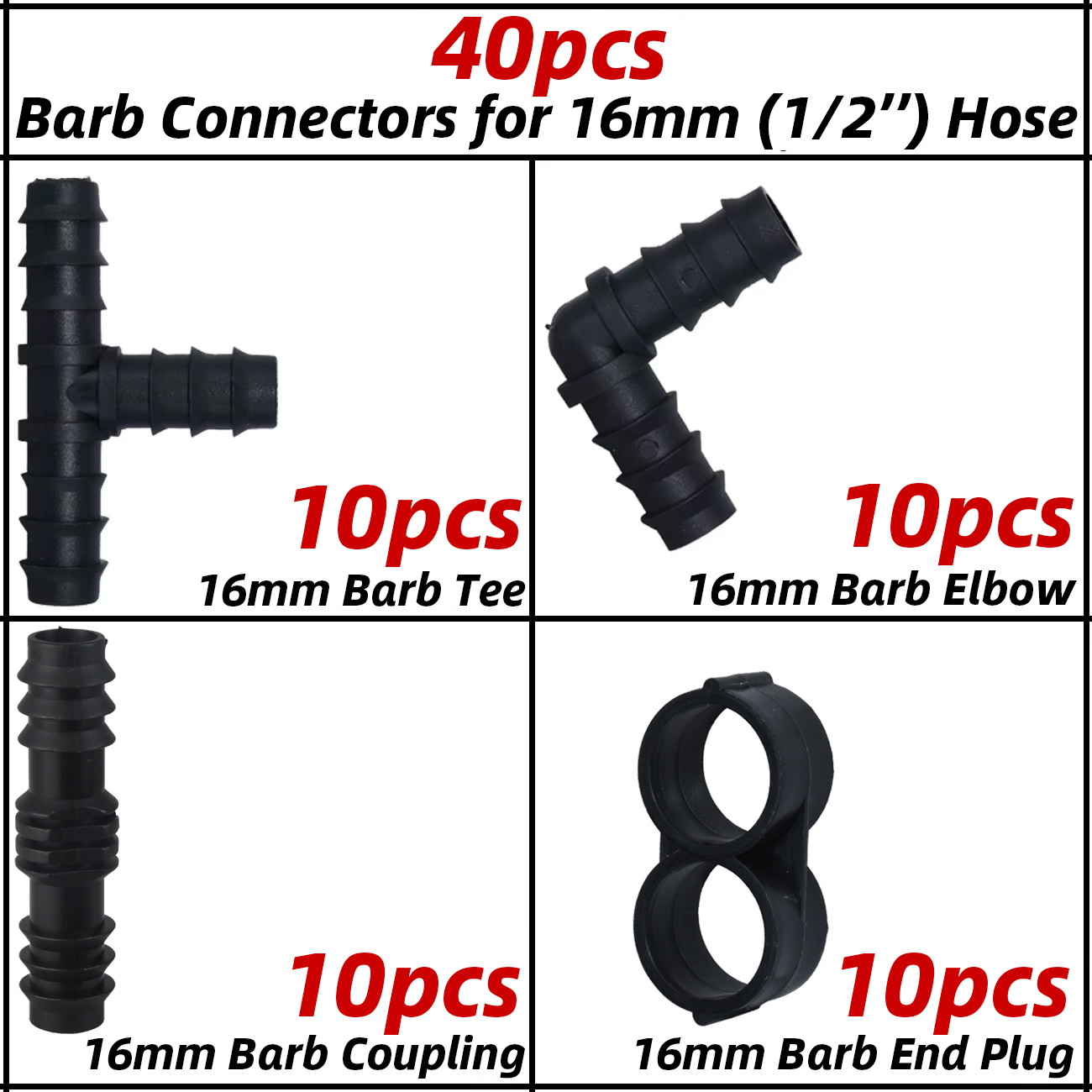 Kesla 1/2 "Druppelirrigatie Connectoren Kit Koppeling T-Elleboogplug Voor 1/2 Inch 16Mm Tubing Tuinslang Reparatie Verlenging: Black