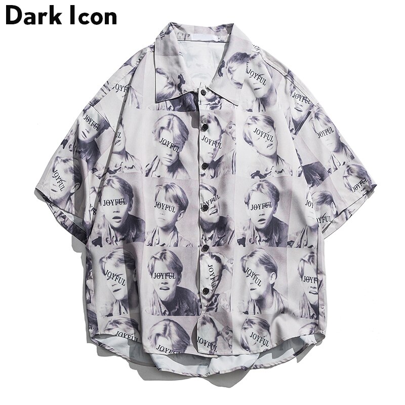 Mørkt ikon fuldtrykt street skjorter mænd sommer kortærmede herre skjorter oversized skjorter mænd streetwear tøj