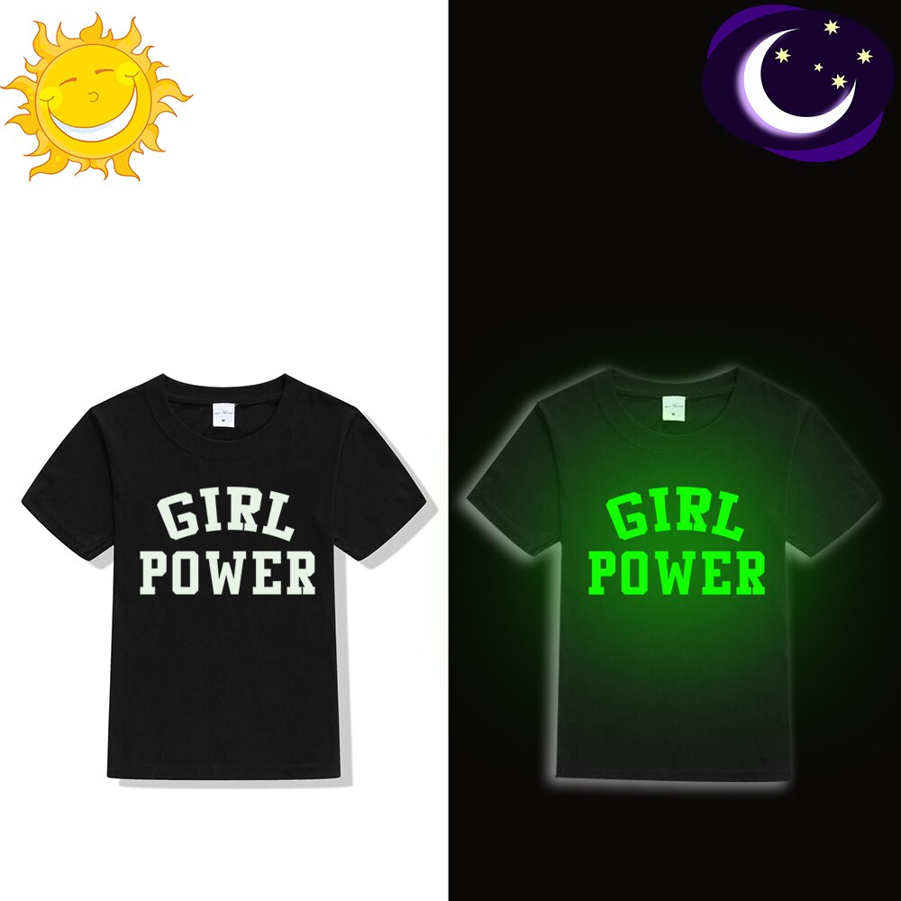 Barn flickor sommar nattlysande t-shirt girl power print glöd i mörka kläder roliga barn självlysande kortärmade t-shirts toppar: 49 t 6- kstbk- / 10t