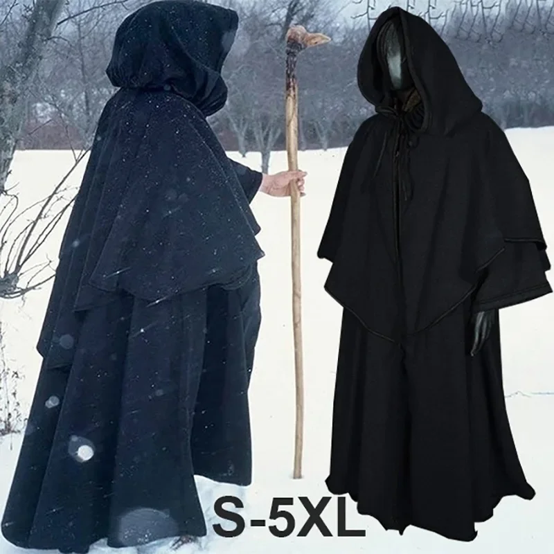 Halloween Medieval Stage Show Costume Black Assassin Cape Carnival Adult Cosplay Prop Robe Hooded Bandage Caped Wizard Clothes