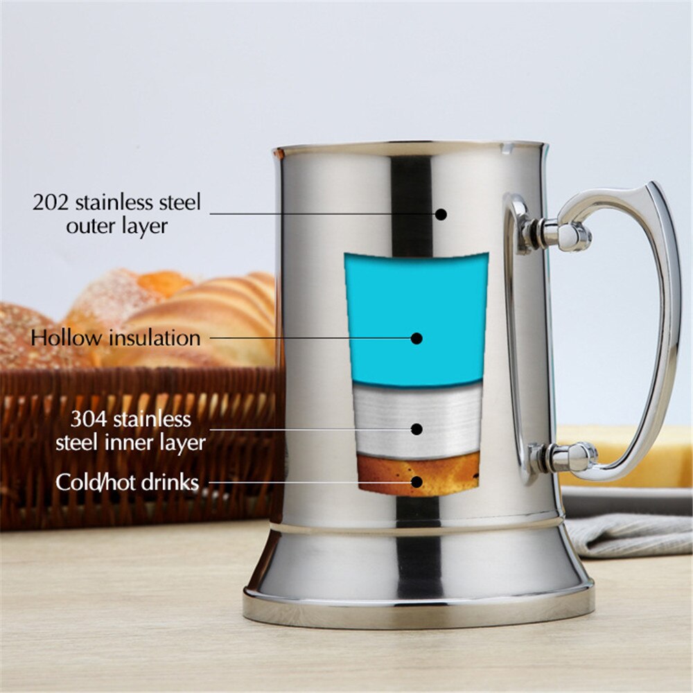 Tankard Stein Double Wall Stainless Steel Beer Mug Cocktail Breakfast Milk Mugs with Handgrip Coffee Cup Bar Tools Drinkware