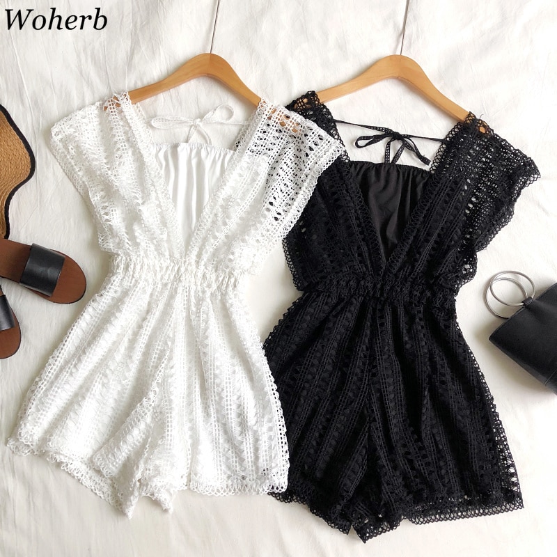 Woherb dam sommar playsuits ihåliga v-ringade spets jumpsuits med breda ben med hög midja kort jumpsuit strand lösa byxor
