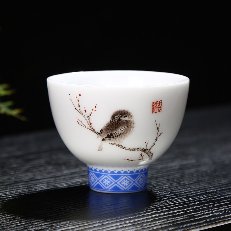 Håndtegnet fugl te kop blå og hvid porcelæn kop keramik mønster puer kop personlighed tekop: C