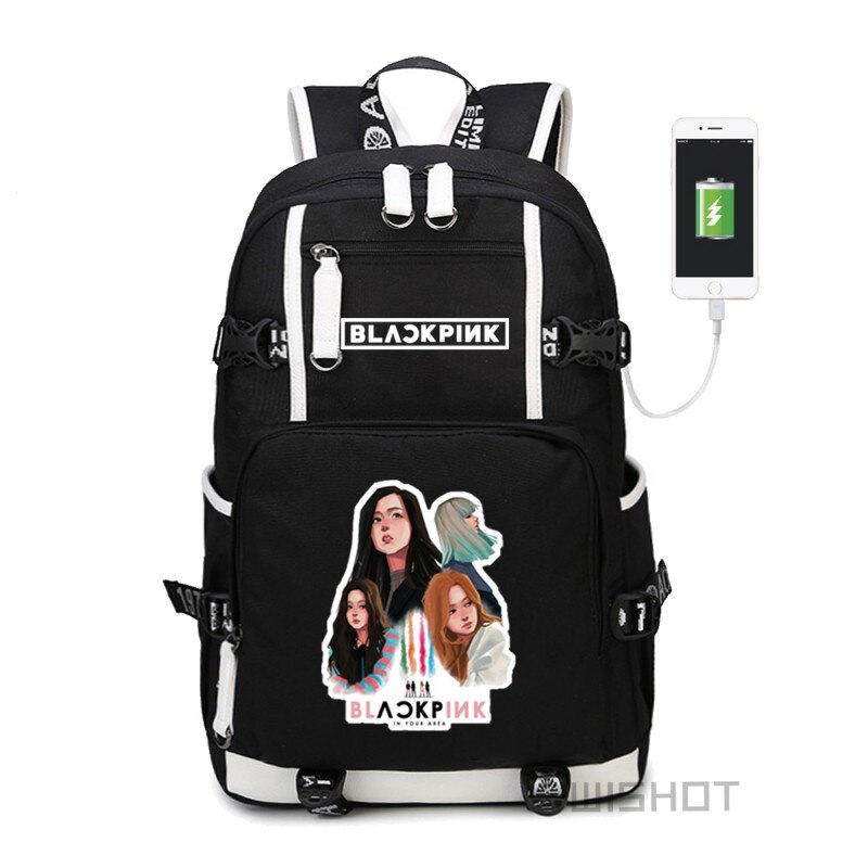 WISHOT KPOP, mochila coreana Blackpink Jennie Lis, mochila de hombro, bolsa de viaje para la escuela para adolescentes, bolsas casuales de carga USB para ordenador portátil: black5