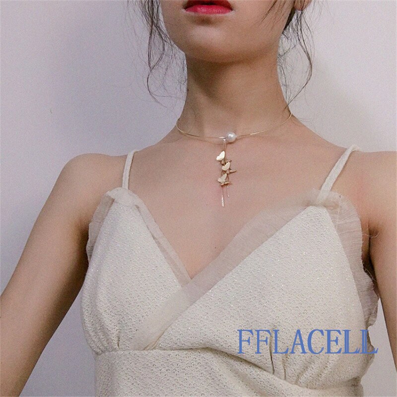 FFLACELL Koreanische Version Von Die Neue Einfache Temperament Einer Perle Quaste Metall Schmetterling Anhänger Neck Ring Frauen Mädchen Party