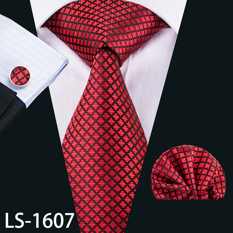 Cravate 100% soie pour hommes, Plaid rouge, Jacquard tissé, ensemble de boutons de manchette, cravate de cou, fête d&#39;affaires: LS-1607