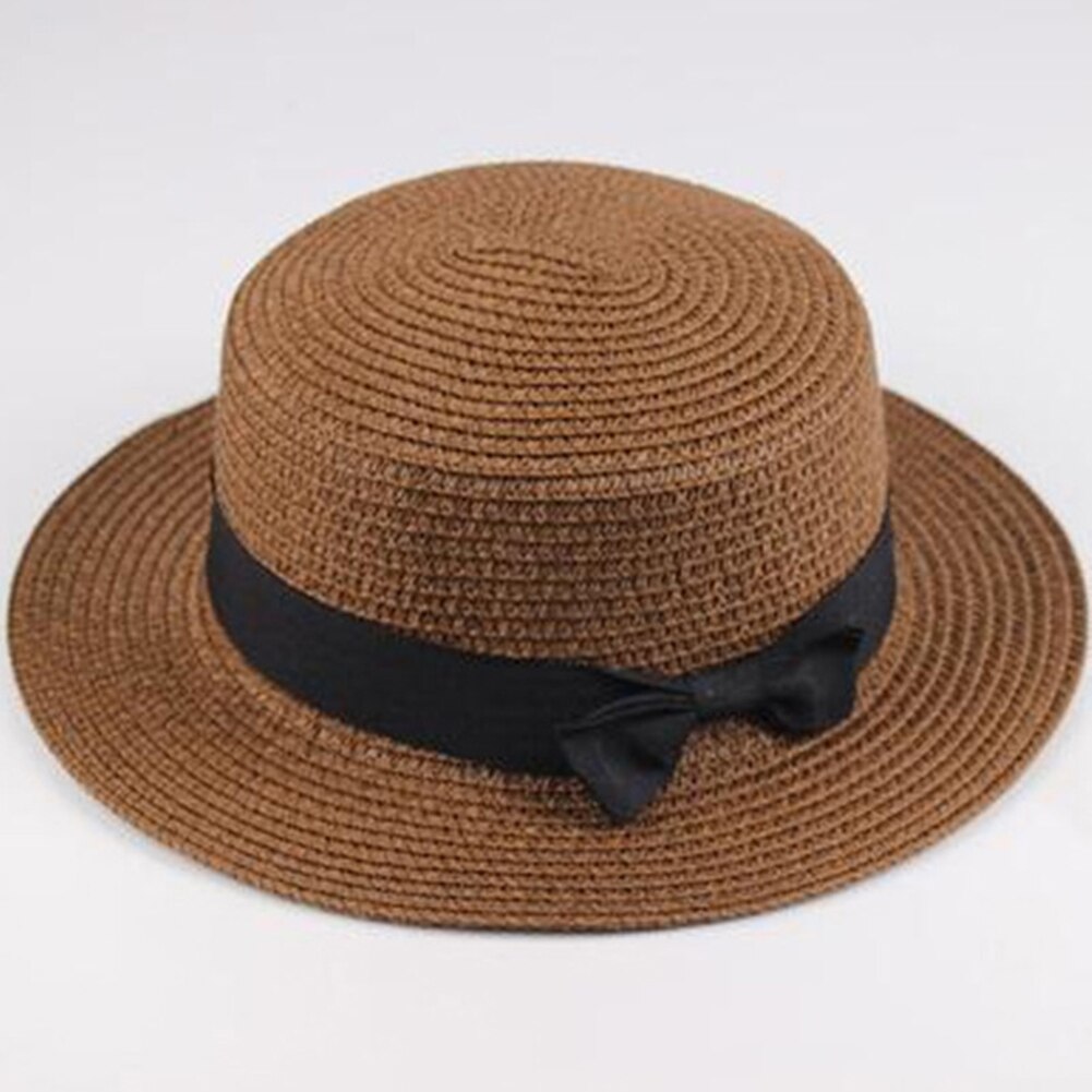 Simple Summer Parent-child Beach Hat Female Casual Panama Hat Lady Women Flat Wide Brim Bowknot Straw cap girls Sun Hat: Coffee / Child