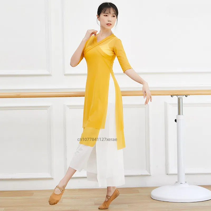 Chinese Style Modern Dance Practice Hanfu Medium Long Women's Classical Ethnic Double Layered Slit Gauze Clothes